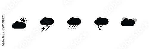 Weather Icons Set – Sunny, Thunderstorm, Rain, Snow, and Cloudy Vector Symbols