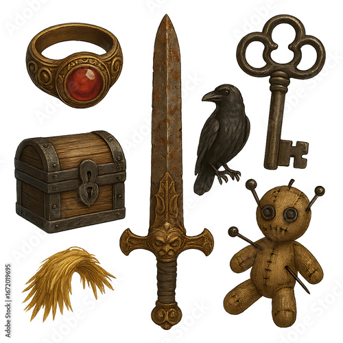 Ancient sword rusty key wooden chest gold ring black crow voodoo doll straw mysterious relics