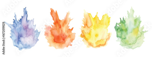 Vector art of abstract watercolor splashes of fire and ice in vibrant blue, orange, yellow, and green