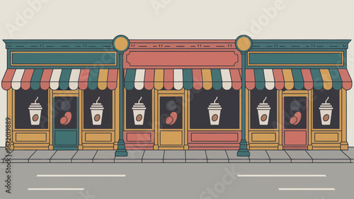 A cartoon illustration of a row of coffee shops with awnings and coffee cup designs on the windows