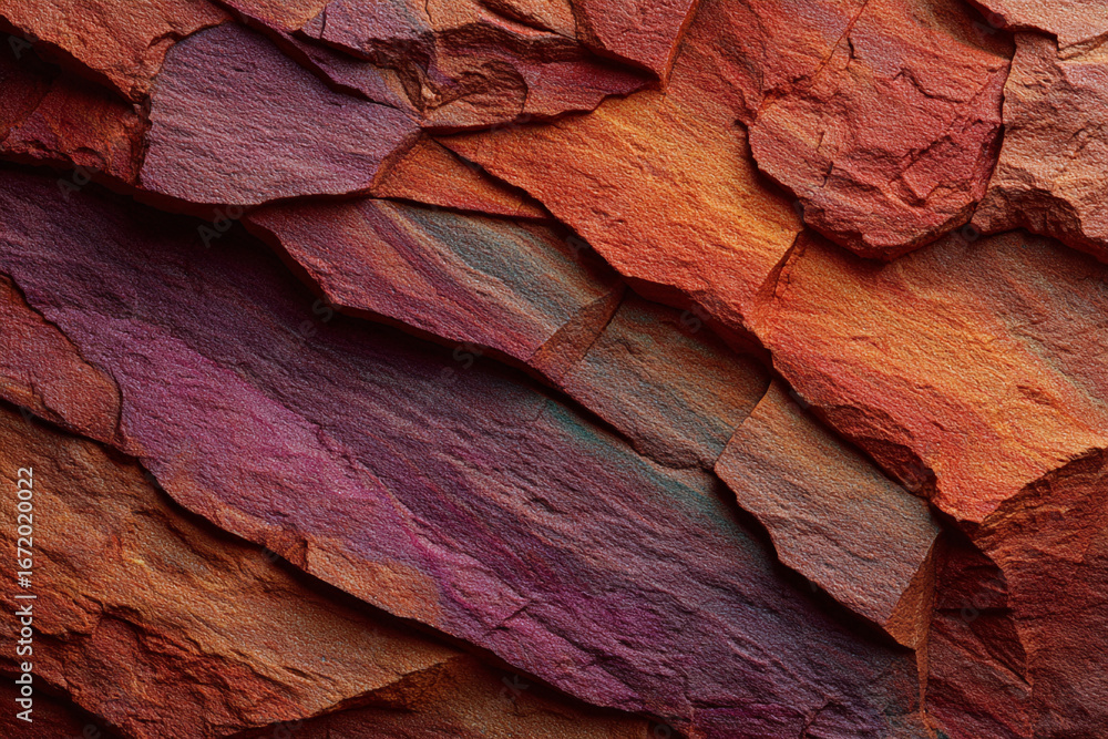 Fototapeta premium Abstract textured rock face rich red orange and purple hues layered stone pattern