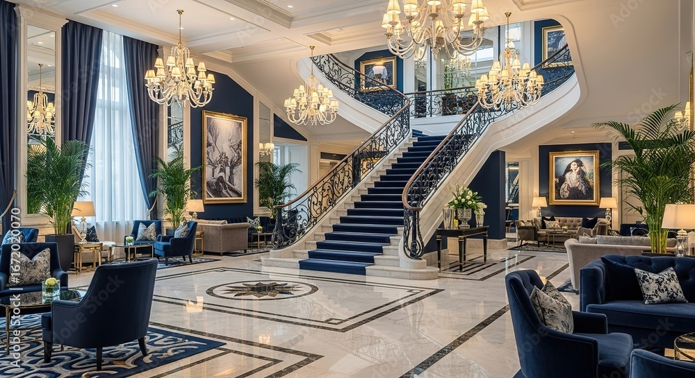 Fototapeta premium Elegant Hotel Lobby with Grand Staircase, Chandeliers, and Luxur