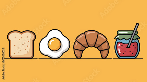 A cartoon breakfast featuring toast, a fried egg, a croissant, and a jar of jam on a yellow background