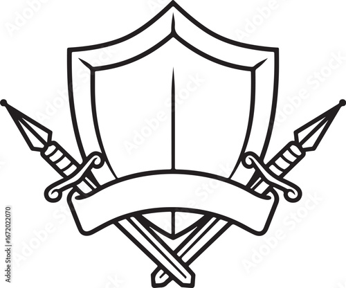Heraldic shield with crossed swords and banner emblem