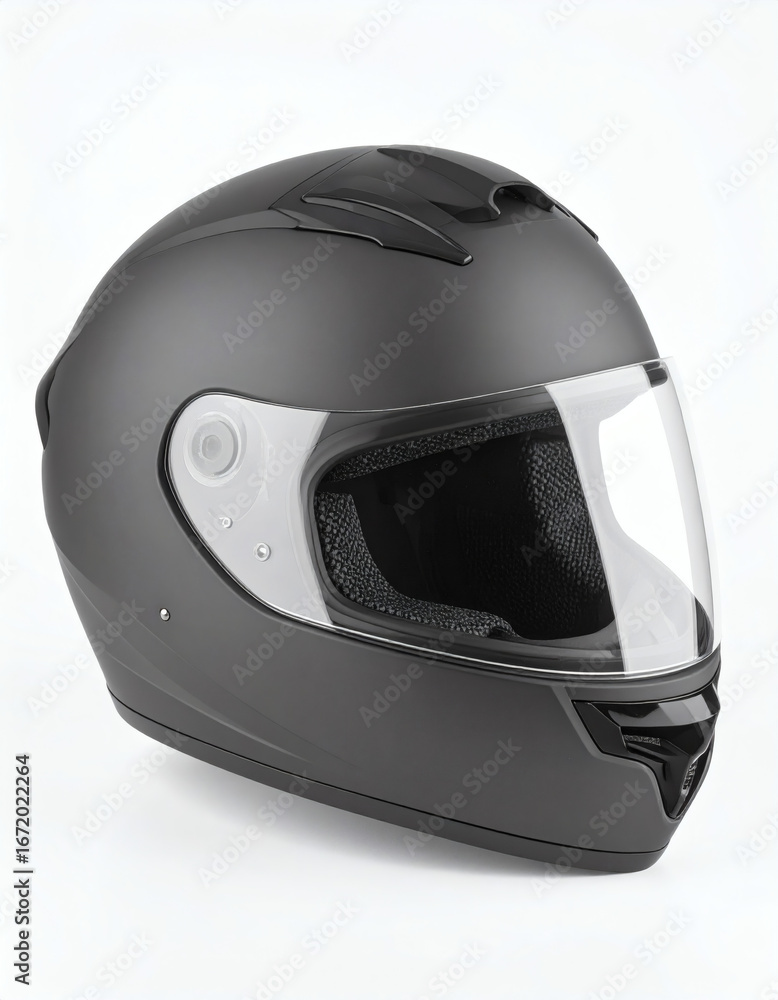 Fototapeta premium Matte black full-face motorcycle helmet with clear visor on white background.