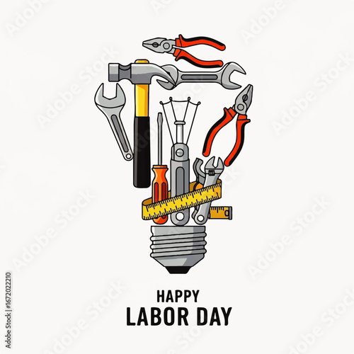 A stylized illustration of tools arranged in the shape of a lightbulb, celebrating Labor Day