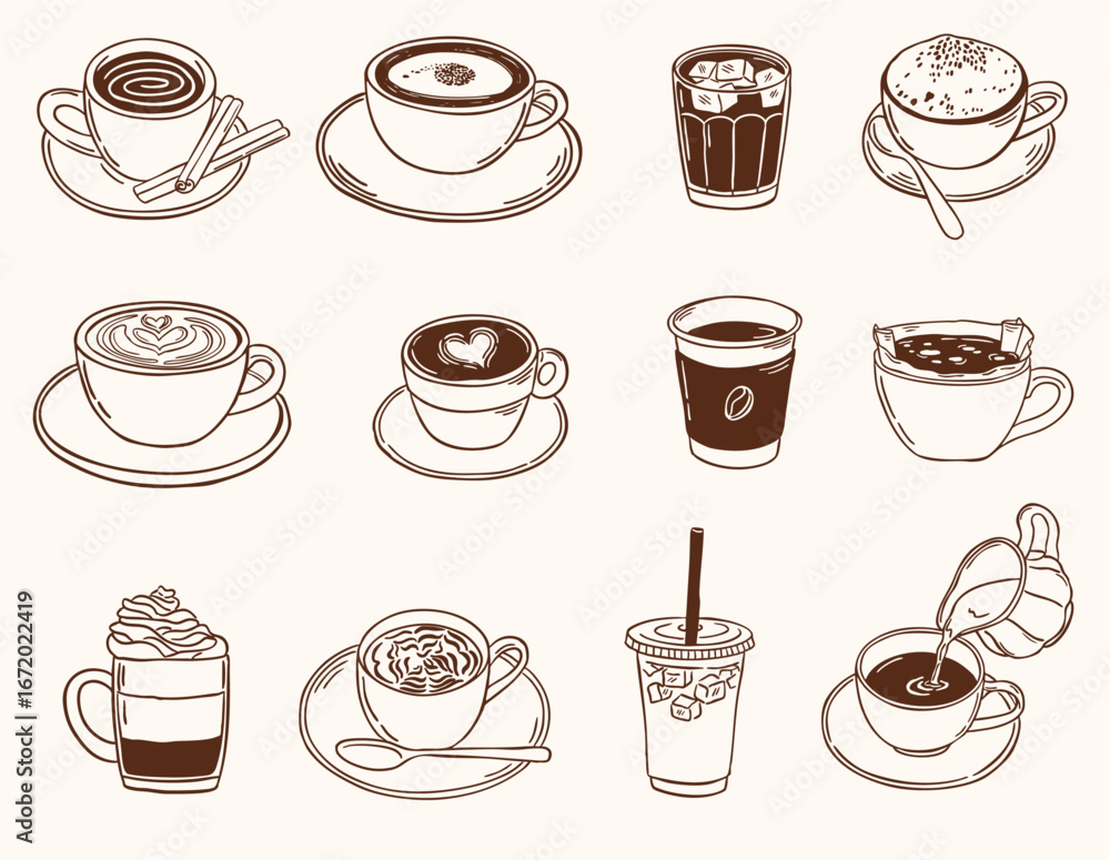 Obraz premium cup of coffee vector hand drawn sketch doodle illustration collection set