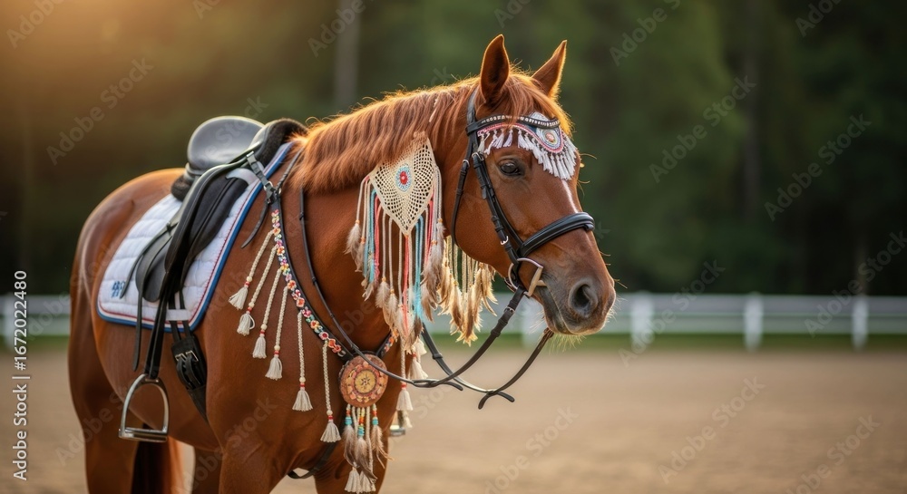 Obraz premium Horse in ornate tack at sunset