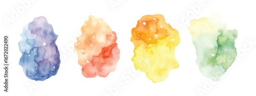 Vector art of four abstract watercolor blobs in shades of blue, purple, orange, yellow, green, and white