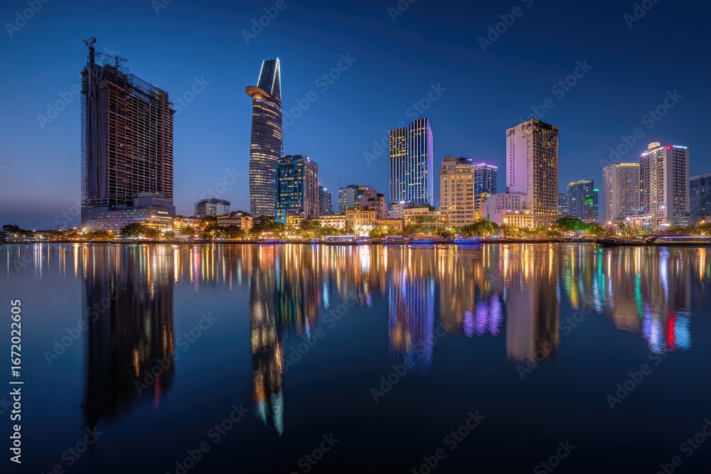 Fototapeta premium City skyline at twilight reflected on calm water. Beautiful cityscape at night