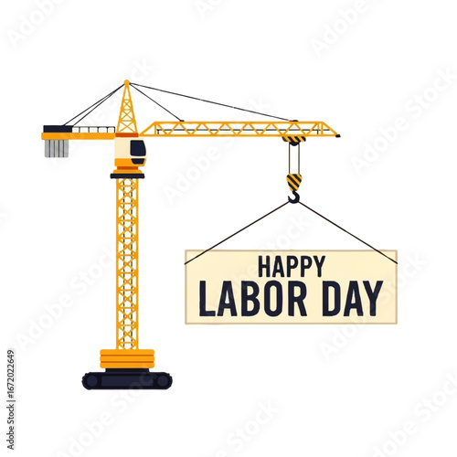 A yellow construction crane holding a sign wishing Happy Labor Day
