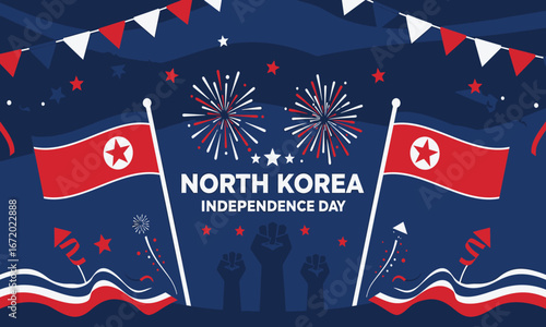 North Korea Independence Day Vector – Flags, Fireworks & Patriotic Crowd Celebration