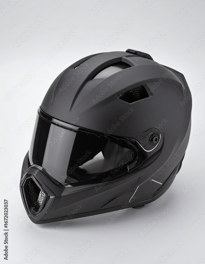 Fototapeta premium Close-up shot of a matte black motorcycle helmet with a dark visor, showcasing its design.