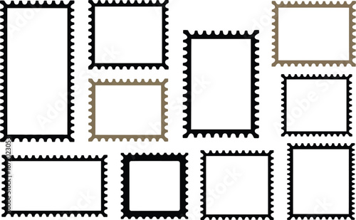 Mixed color postage stamp frames on white border rectangle