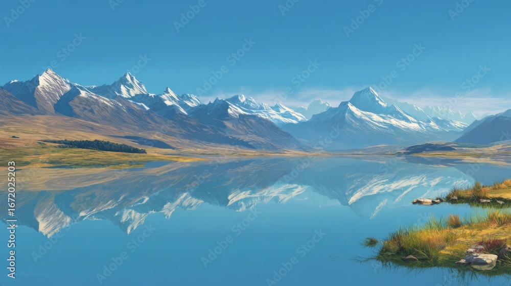 Fototapeta premium Serene mountain lake reflecting snow capped peaks under a clear sky Mountains