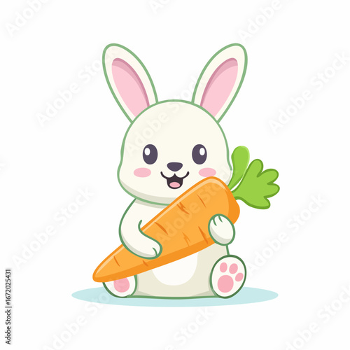 A cute cartoon rabbit sits upright, holding a large orange carrot with green leaves, smiling happily.