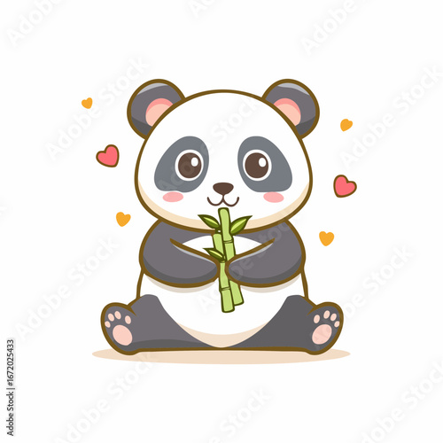 Cute cartoon panda sitting and holding bamboo shoots with heart shapes around it.
