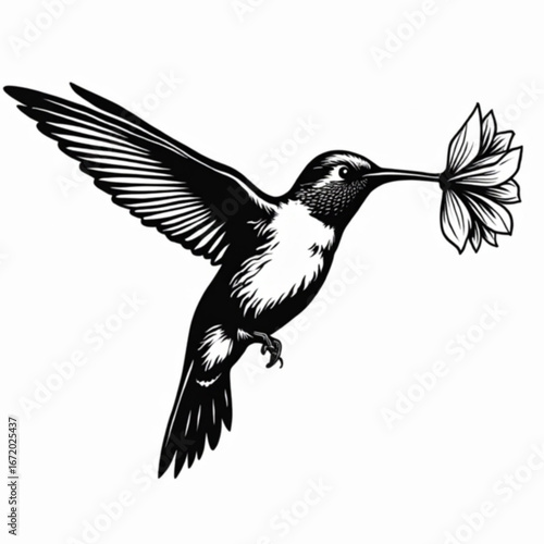 Hummingbird and Floral Delight: A charming monochrome illustration captures a hummingbird in mid-flight, delicately holding a flower. This artwork blends nature and artistry. 