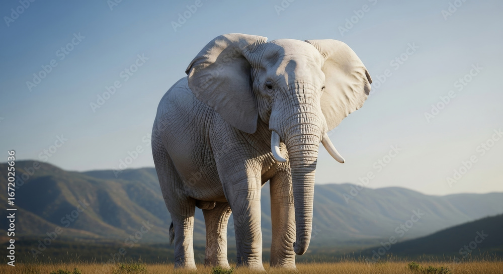 Obraz premium Majestic white elephant standing outdoors on a sunny day, symbolizing rarity, purity, and cultural significance in a natural setting.