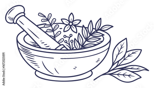 Line icon of bowl filled with fresh herbs, emphasizing essence of alternative medicine. Concept of remedies and holistic healing approaches