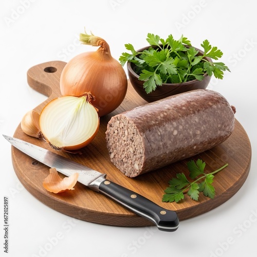 Offal liver, Haggis with fresh ingredients on wood.