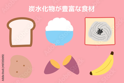 炭水化物を多く含む食品のイラストセット