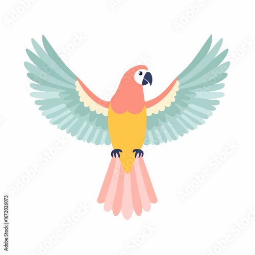 Colorful parrot in flight, stylized illustration, vibrant colors.