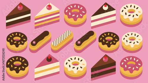 An isometric arrangement of cake slices donuts and eclairs on a light pink background pattern design