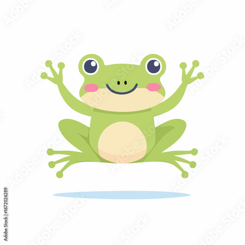 A cheerful cartoon frog with pink cheeks is jumping, with arms raised and a happy smile.
