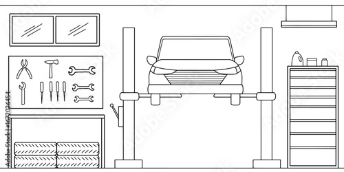 Car service interior graphic black white sketch illustration vector 