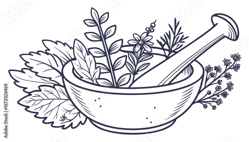 Line icon of bowl filled with fresh herbs, emphasizing essence of alternative medicine. Concept of remedies and holistic healing approaches