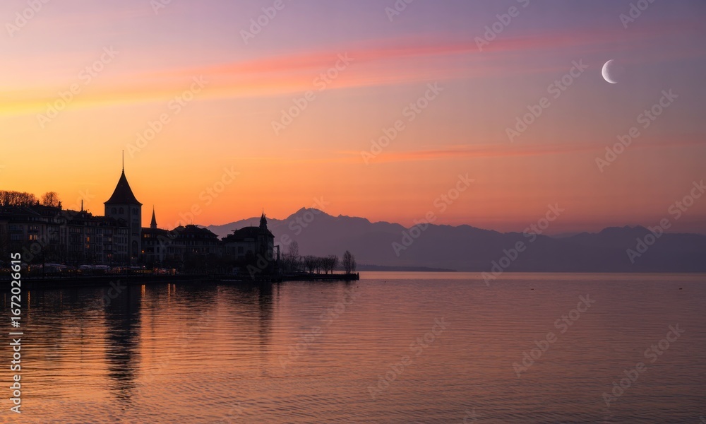 Naklejka premium Lakeside city skyline at sunset. Crescent moon