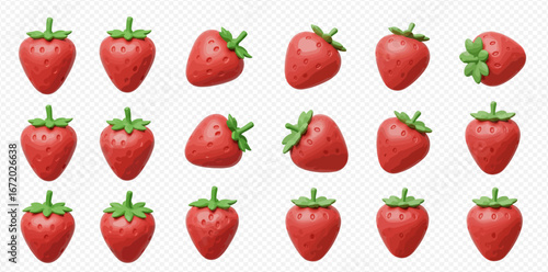 Collection of fifteen realistic 3D rendered strawberries, arranged in a grid pattern on a white background.