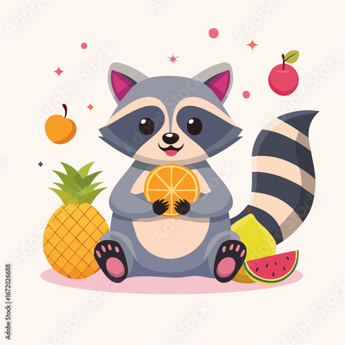 Adorable cartoon raccoon happily holding an orange, surrounded by various fruits.
