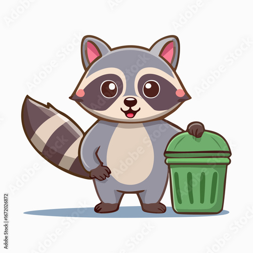 Cute cartoon raccoon holding a green trash can.