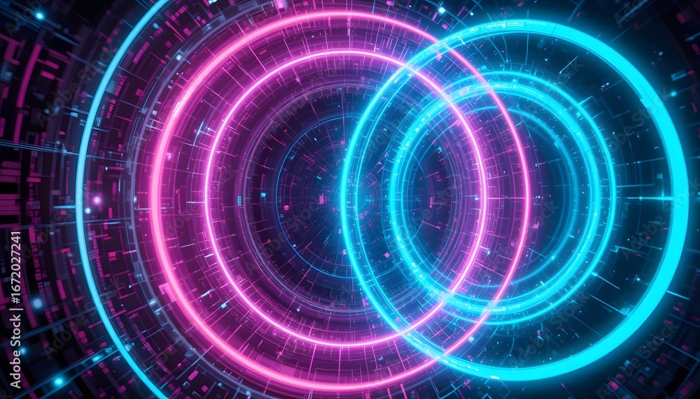 Fototapeta premium Neon Atomic Rings Forming Holographic Quantum Sphere