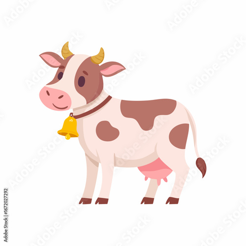An adorable cartoon illustration of a happy, spotted brown and white dairy cow wearing a collar with a golden bell.