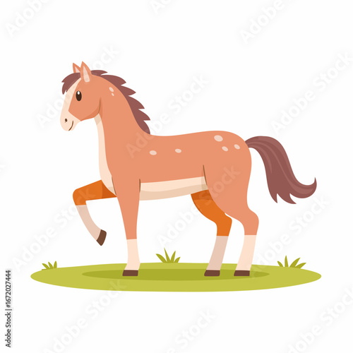 A charming cartoon illustration of a brown horse with a white blaze on its face, standing gracefully on a green grassy field.