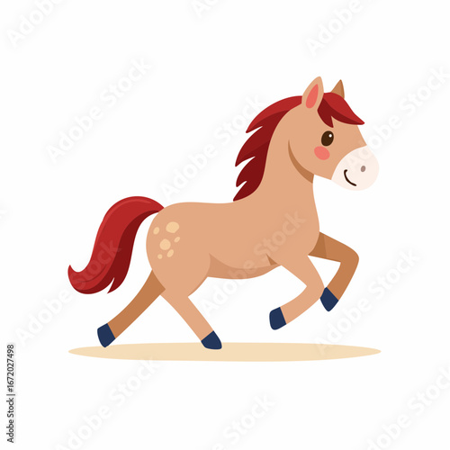 A cheerful cartoon light brown horse with a vibrant red mane and tail trots playfully.
