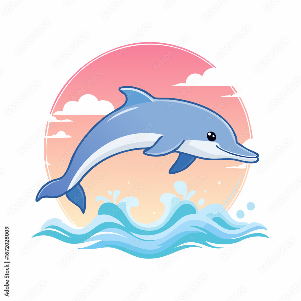 Fototapeta premium A friendly cartoon dolphin joyfully leaping from blue ocean waves against a vibrant sunset sky.