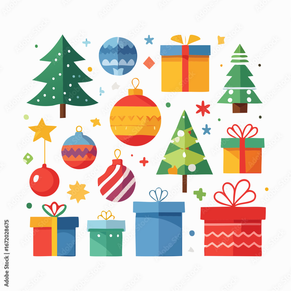 Naklejka premium Festive collection of colorful Christmas trees, ornaments and gift boxes creating a cheerful holiday atmosphere for graphic design