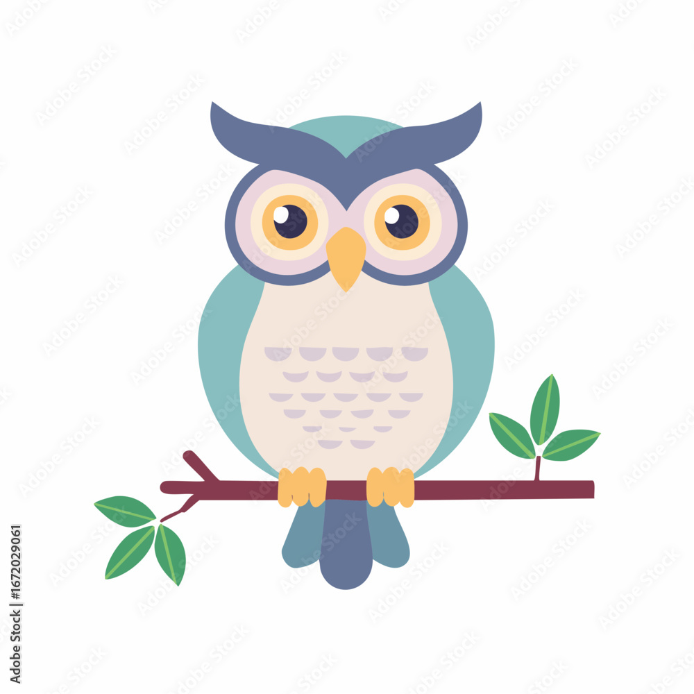 Fototapeta premium Stylized owl illustration perched on a branch with leaves, featuring a pastel color palette against a white background.