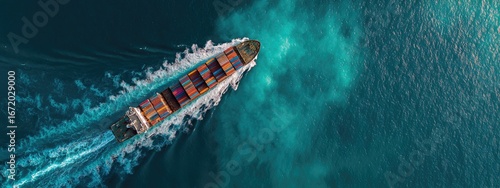 Overhead view of a cargo ship speeding through ocean waters, containers loaded