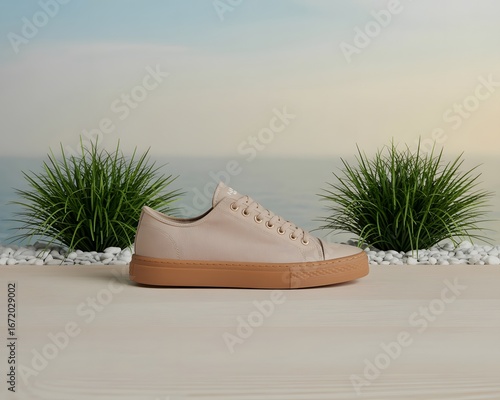 Beige low top sneaker with tan sole and white pebbles and green plants against ocean backdrop shoe footwear