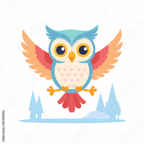 Cartoon owl flying over a snowy landscape with trees, featuring blue, orange, and red colors.