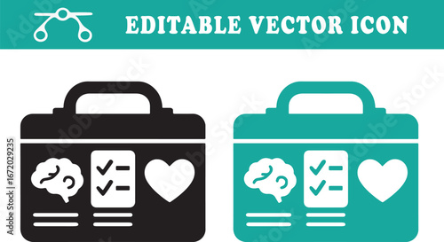 Mental Health Toolkit Vector Icon Brain, Checklist, and Heart Symbol