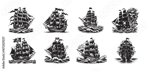 Eight Talk Like a Pirate a Pirate Silhouette black and white illustrations of pirate ships sailing on rough seas with tattered sails ocean