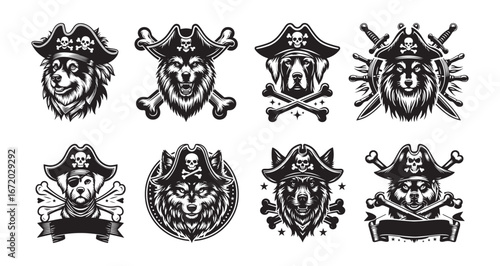 Collection of eight pirate dog and wolf head emblems with skull and crossbones hats and crossed bones Talk Like a Pirate a Pirate Silhouette