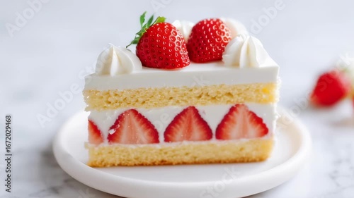 A slice of strawberry shortcake with fresh cream on a white plate. A sweet dessert and bakery concept. Scene for a pastry shop, cafe menu, or celebration event