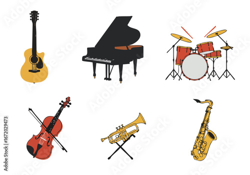 A vibrant collection of six essential musical instruments, including guitar, piano, drums, violin, trumpet, and saxophone, on a white background.